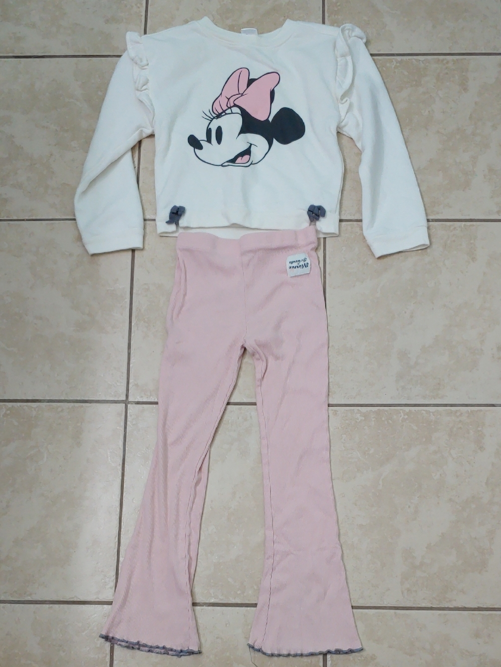 Minnie Mouse Pink 2 Piece Outfit Flare Ribbed Leggings Girl's Size 6
